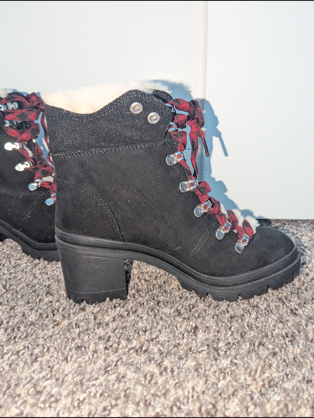Black Suede Lace-Up Hiker Boots with Red Laces